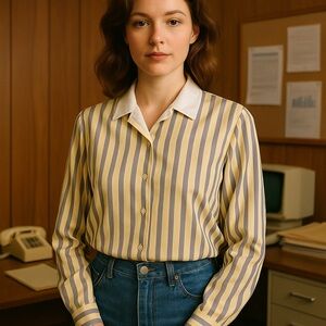 Vintage Russ Petites Butter Yellow and Gray Striped Shirt Size Medium